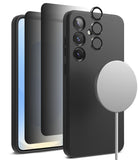 [Bundle] Galaxy S25 Plus | Silicone Magnetic - Black silicone case, screen protector, and magnetic charger for Galaxy S25 Plus.