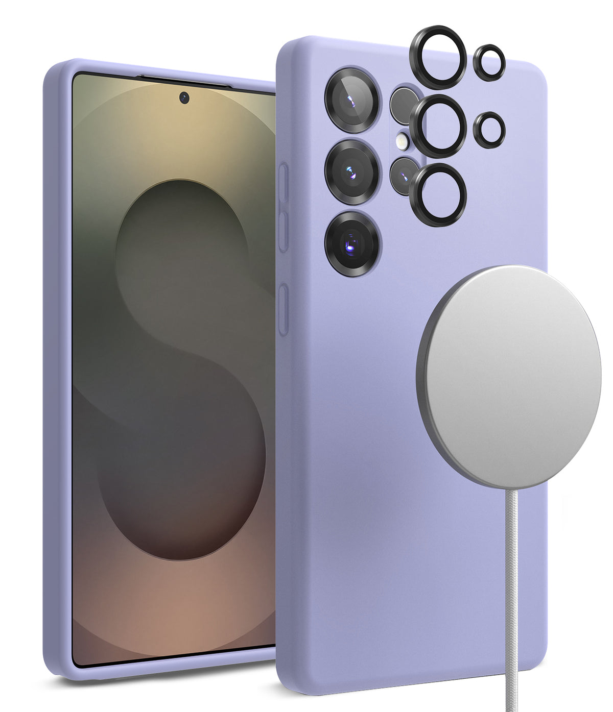 [Bundle] Galaxy S25 Ultra | Silicone Magnetic - Lavender silicone case on phone with magnetic charger and lens rings.