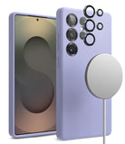 [Bundle] Galaxy S25 Ultra | Silicone Magnetic - Lavender silicone case on phone with magnetic charger and lens rings.