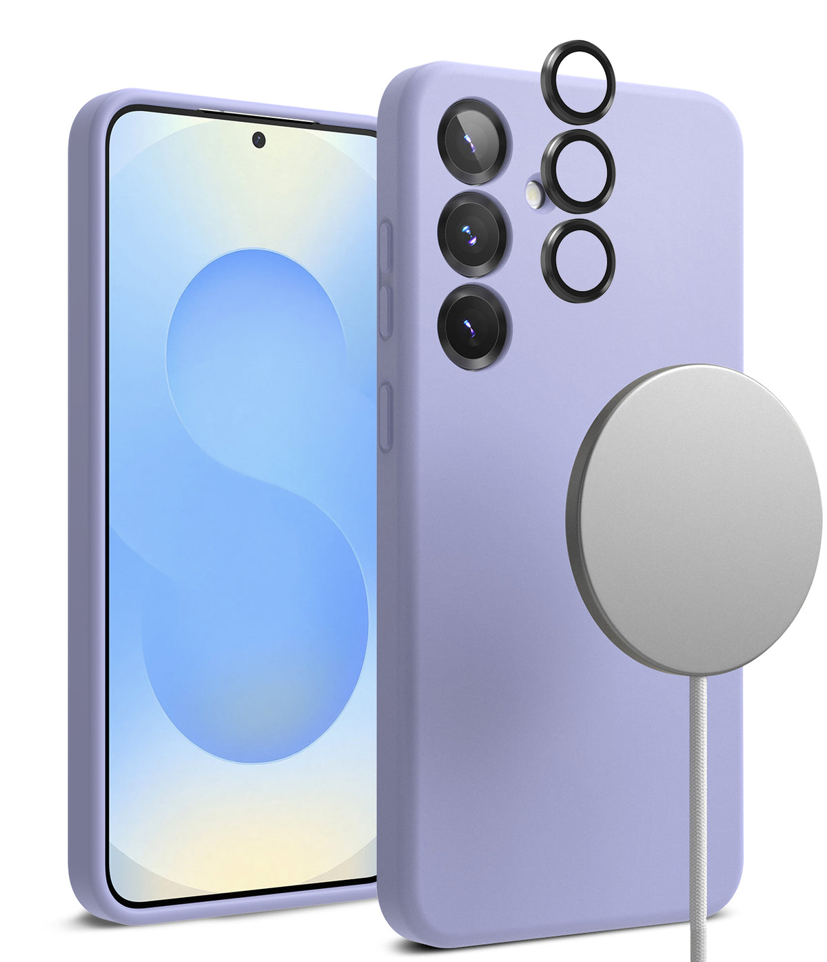 [Bundle] Galaxy S25 | Silicone Magnetic - Lavender phone case with magnetic charger and lens protectors.