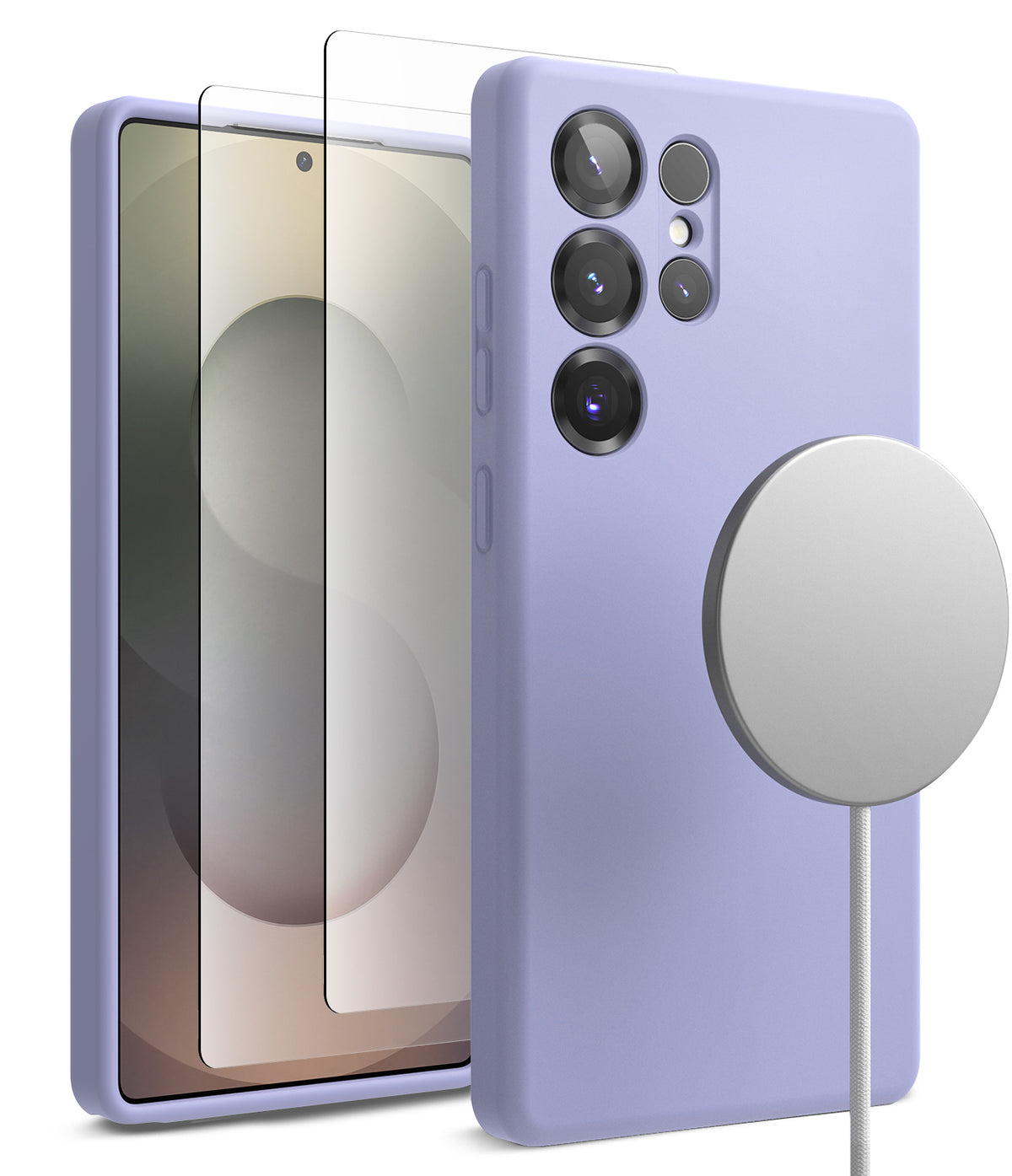 [Bundle] Galaxy S25 Ultra | Silicone Magnetic - Lavender silicone case for Galaxy S25 Ultra with screen protector and magnetic charger.