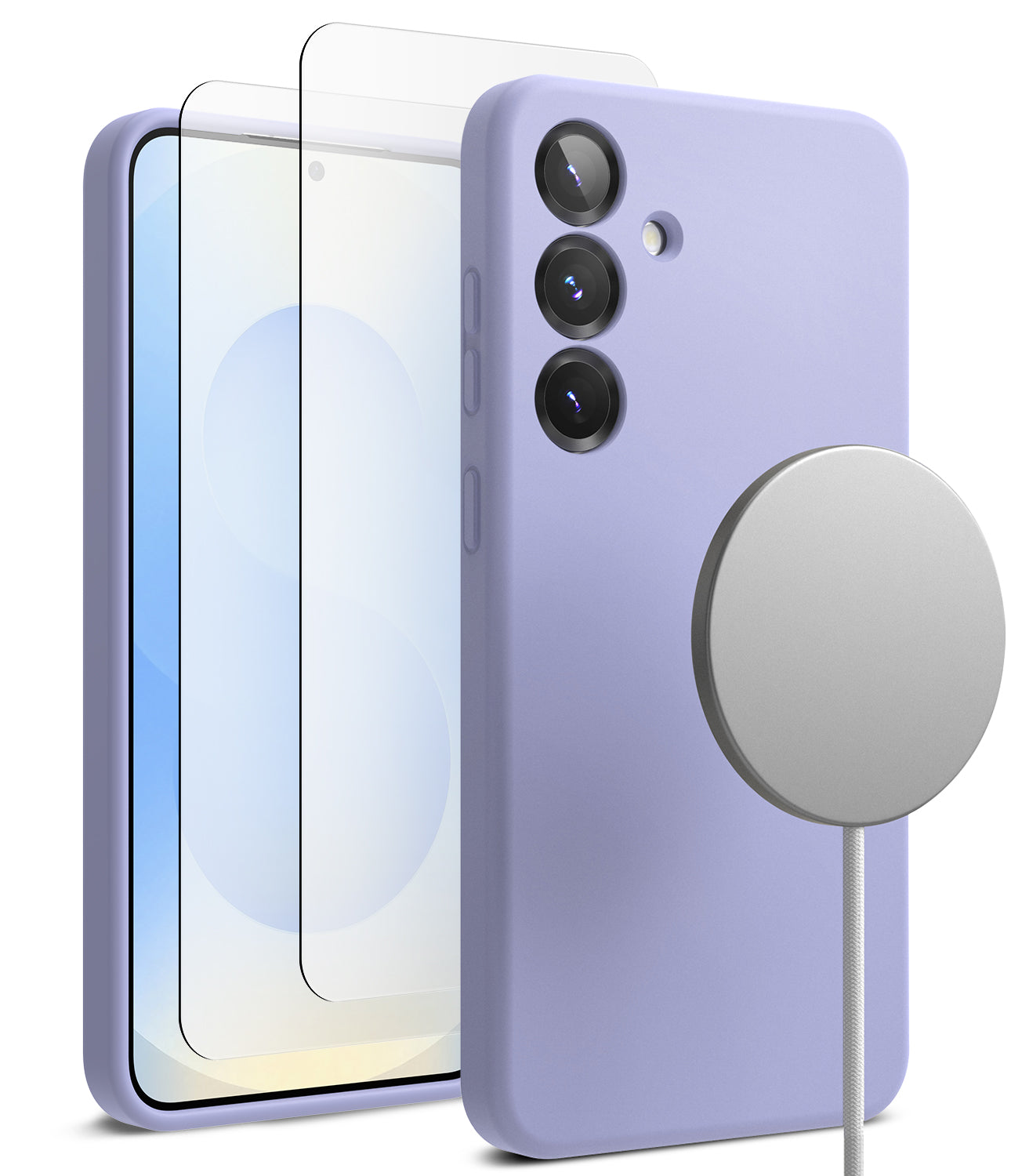 [Bundle] Galaxy S25 Plus | Silicone Magnetic - Lavender silicone case, screen protector, and magnetic charger for Galaxy S25 Plus.