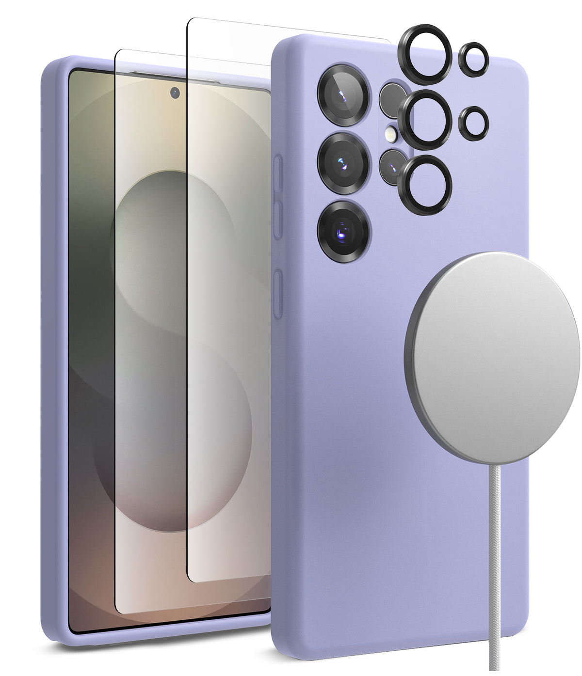 [Bundle] Galaxy S25 Ultra | Silicone Magnetic - Lavender silicone case, screen protector, lens rings, and magnetic charger.
