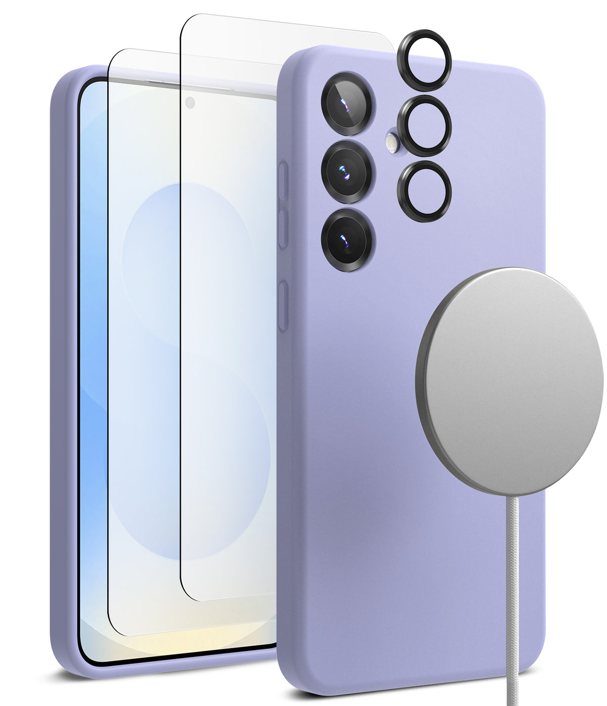 [Bundle] Galaxy S25 | Silicone Magnetic - Lavender phone case, screen protector, lens rings, and magnetic charger.