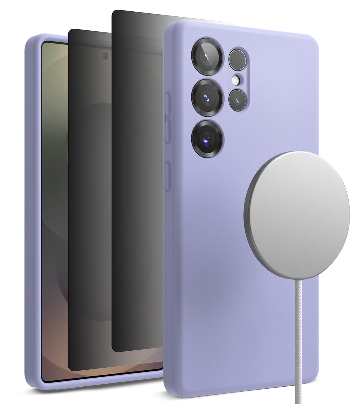 [Bundle] Galaxy S25 Ultra | Silicone Magnetic - Galaxy S25 Ultra | Silicone Magnetic - Lavender silicone case on a phone with a magnetic charger attached.