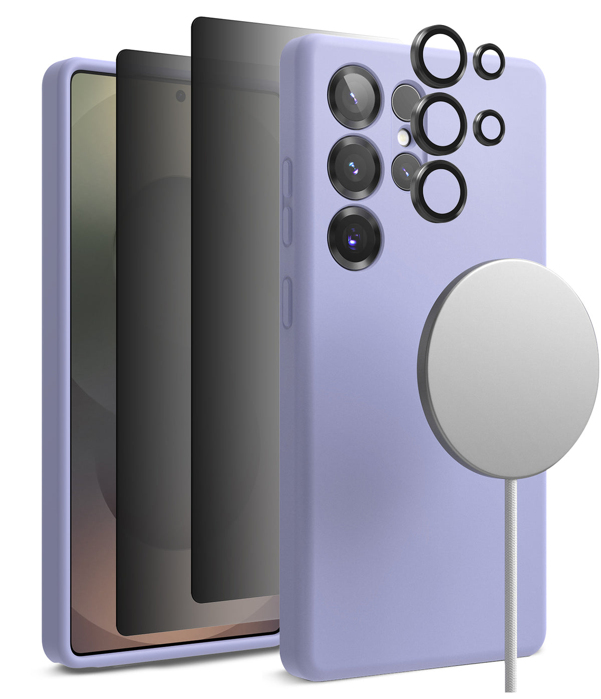 [Bundle] Galaxy S25 Ultra | Silicone Magnetic - Lavender phone case, screen protectors, lens rings, and magnetic charger.
