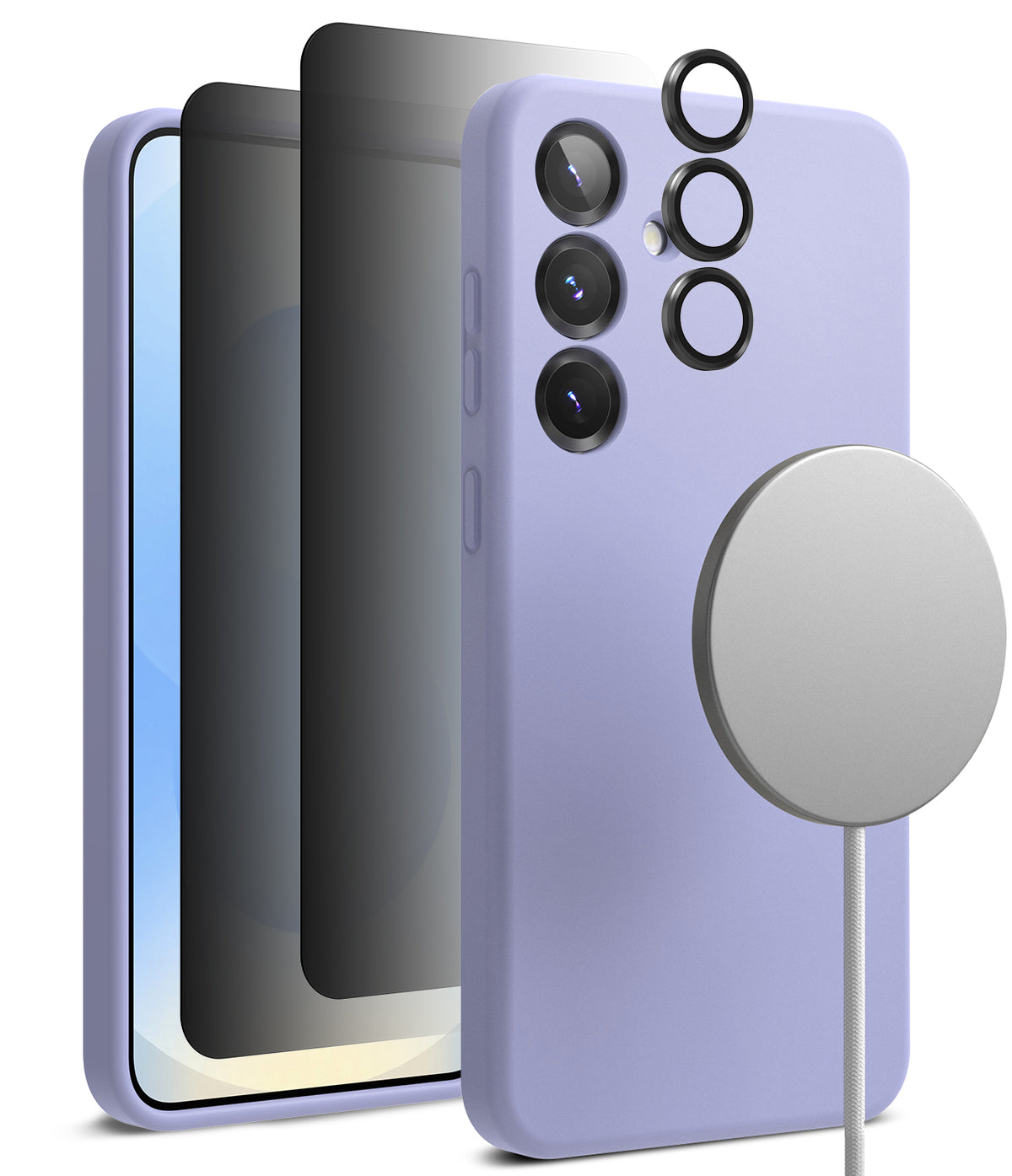 [Bundle] Galaxy S25 Plus | Silicone Magnetic - Lavender silicone case for Galaxy S25 Plus with screen protectors and magnetic charger.