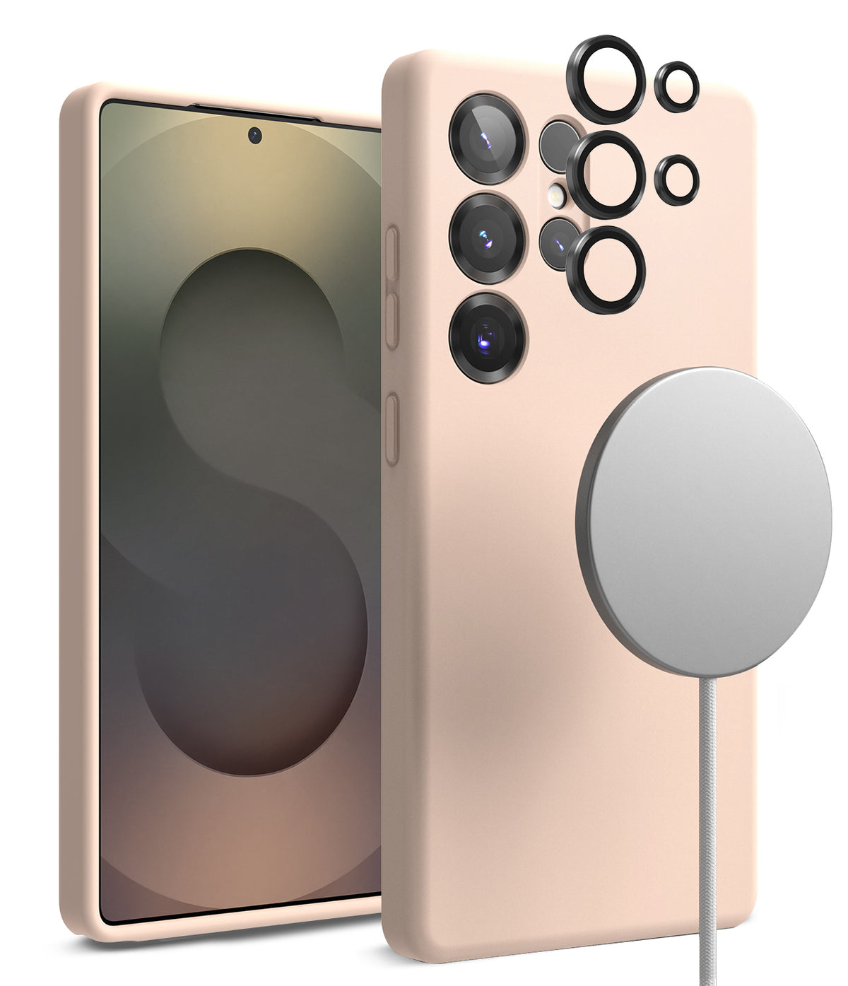 [Bundle] Galaxy S25 Ultra | Silicone Magnetic - Pink silicone case for Galaxy S25 Ultra with magnetic charger and lens rings.