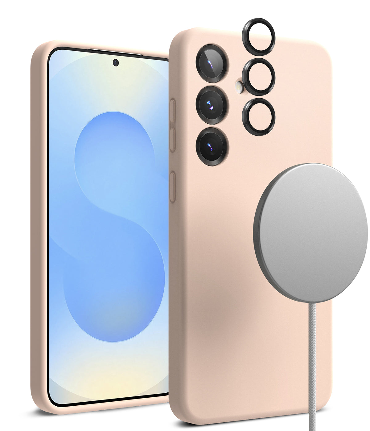 [Bundle] Galaxy S25 Plus | Silicone Magnetic - Pink silicone case on Galaxy S25 Plus with magnetic charger and lens rings.