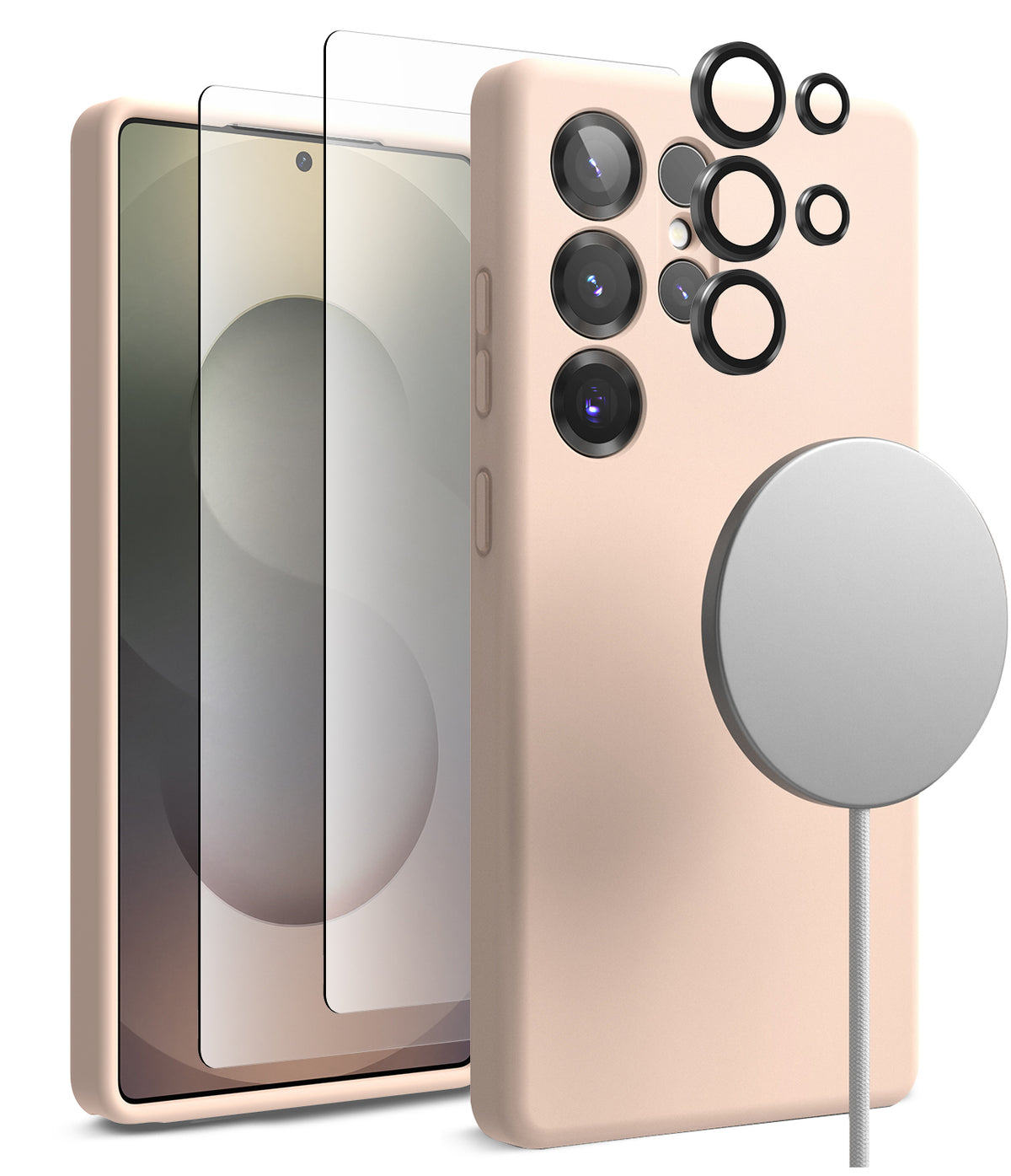 [Bundle] Galaxy S25 Ultra | Silicone Magnetic - Pink silicone phone case, screen protector, lens rings, and magnetic charger.