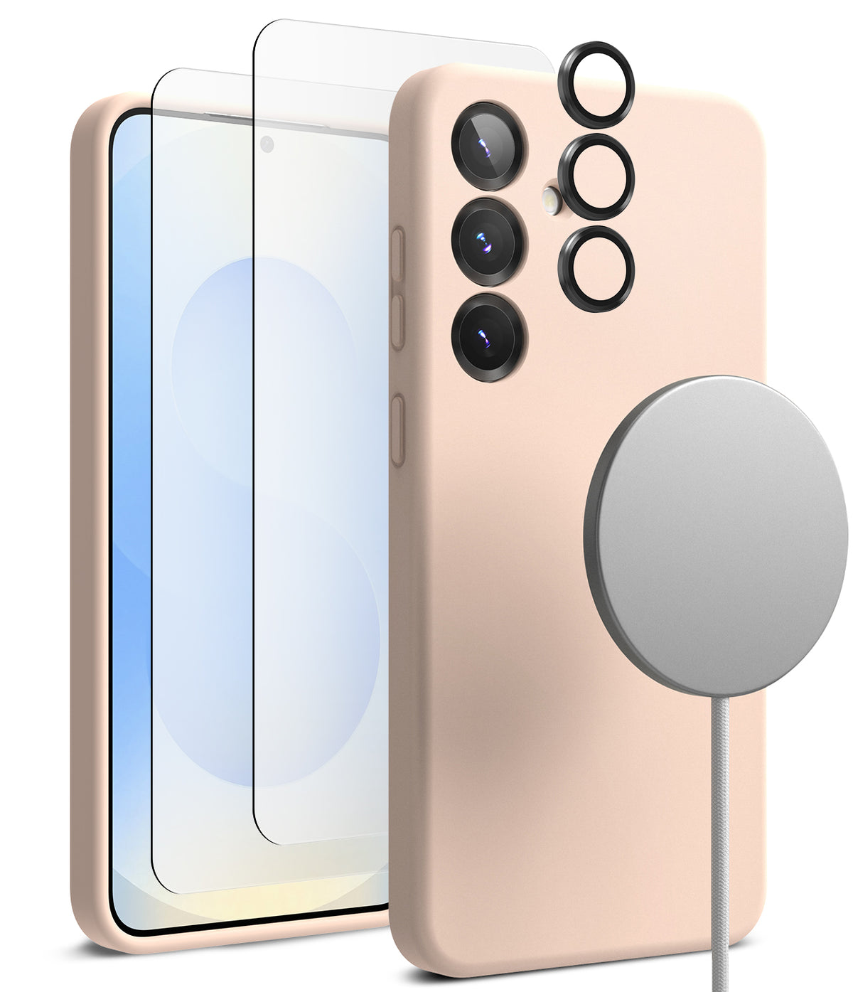 [Bundle] Galaxy S25 | Silicone Magnetic - Pink phone case, screen protector, lens rings, and magnetic charger.