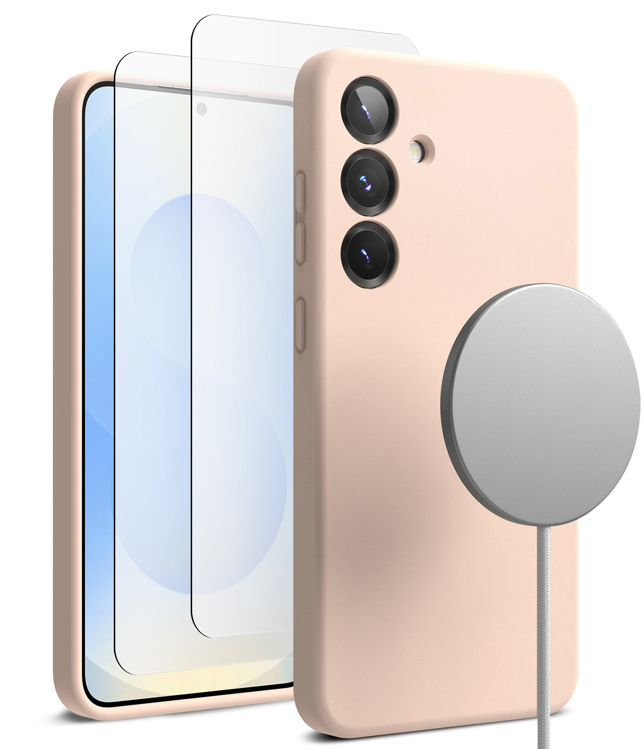 [Bundle] Galaxy S25 | Silicone Magnetic - Pink silicone phone case, screen protector, and magnetic charger for Galaxy S25.