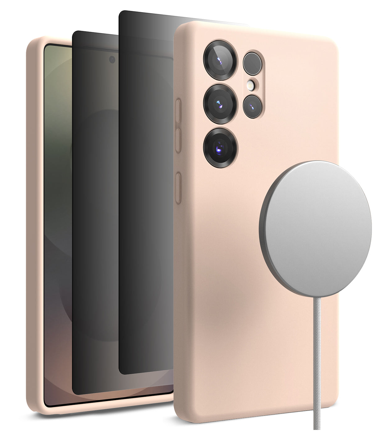 [Bundle] Galaxy S25 Ultra | Silicone Magnetic - Pastel pink silicone case on a Galaxy S25 Ultra with a magnetic charger.