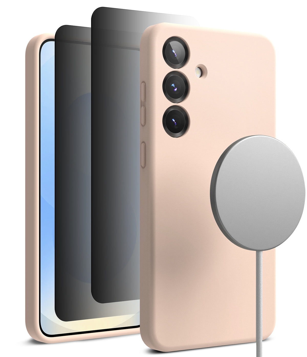 [Bundle] Galaxy S25 | Silicone Magnetic - Galaxy S25 | Silicone Magnetic - Pastel pink phone case with a magnetic charger attached to the back.