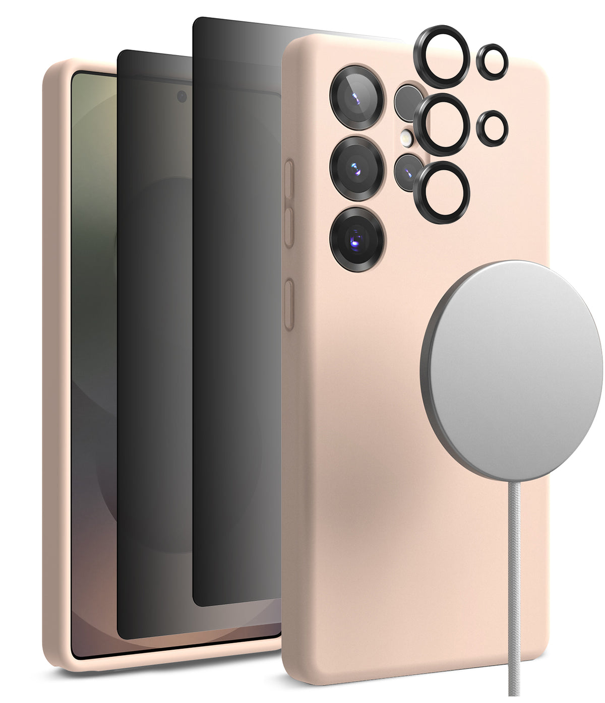 [Bundle] Galaxy S25 Ultra | Silicone Magnetic - Pink phone case, magnetic charger, and lens protectors for S25 Ultra.