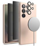 [Bundle] Galaxy S25 Ultra | Silicone Magnetic - Pink phone case, magnetic charger, and lens protectors for S25 Ultra.