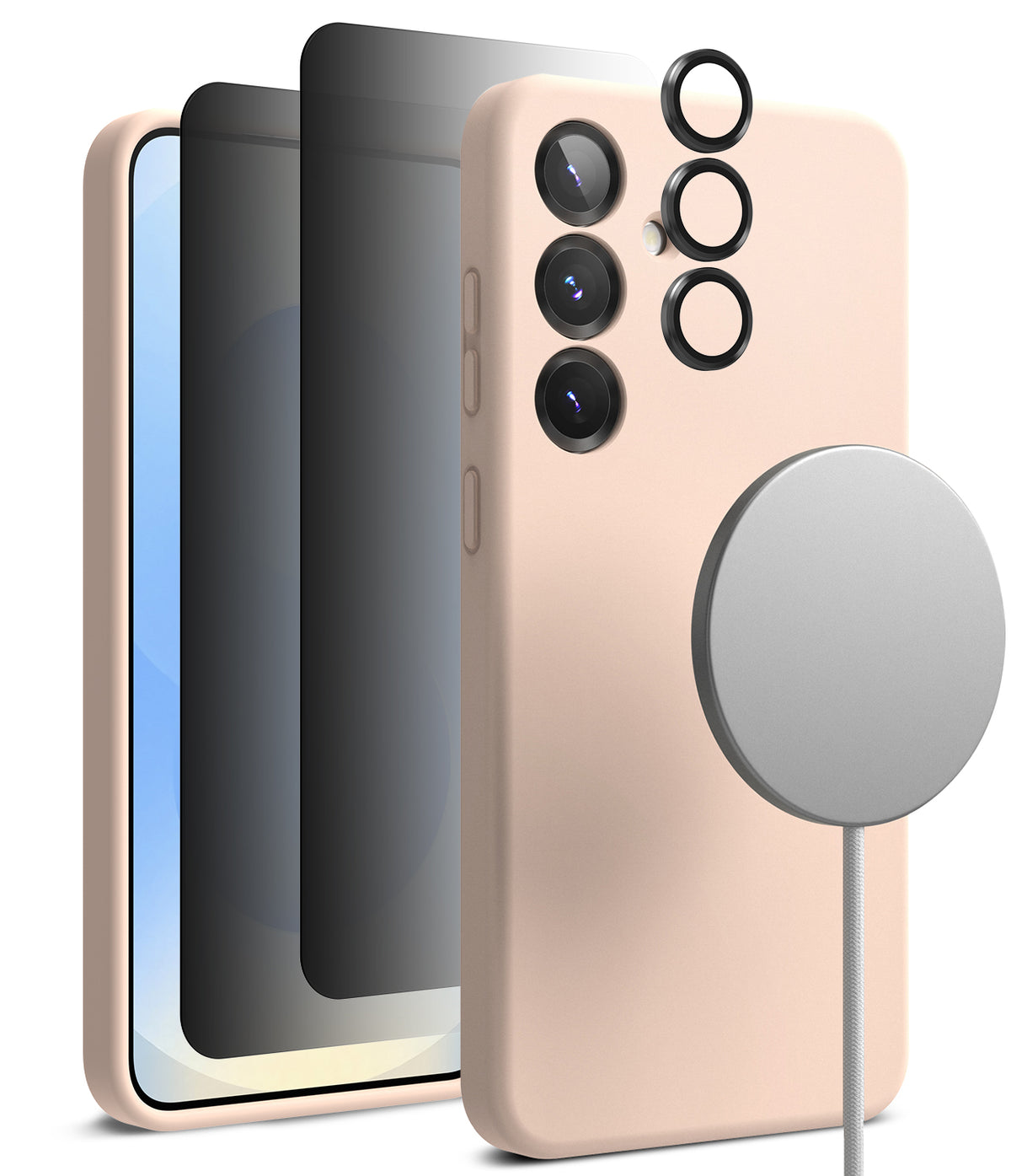 [Bundle] Galaxy S25 | Silicone Magnetic - Pink silicone case, screen protectors, and magnetic charger for Galaxy S25.