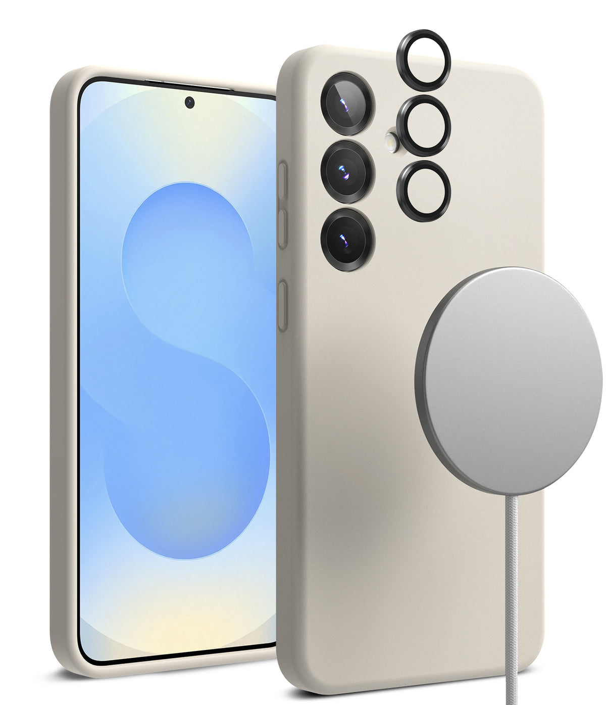 [Bundle] Galaxy S25 Plus | Silicone Magnetic - Beige phone case with magnetic charger and black lens protectors.