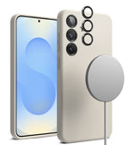 [Bundle] Galaxy S25 Plus | Silicone Magnetic - Beige phone case with magnetic charger and black lens protectors.