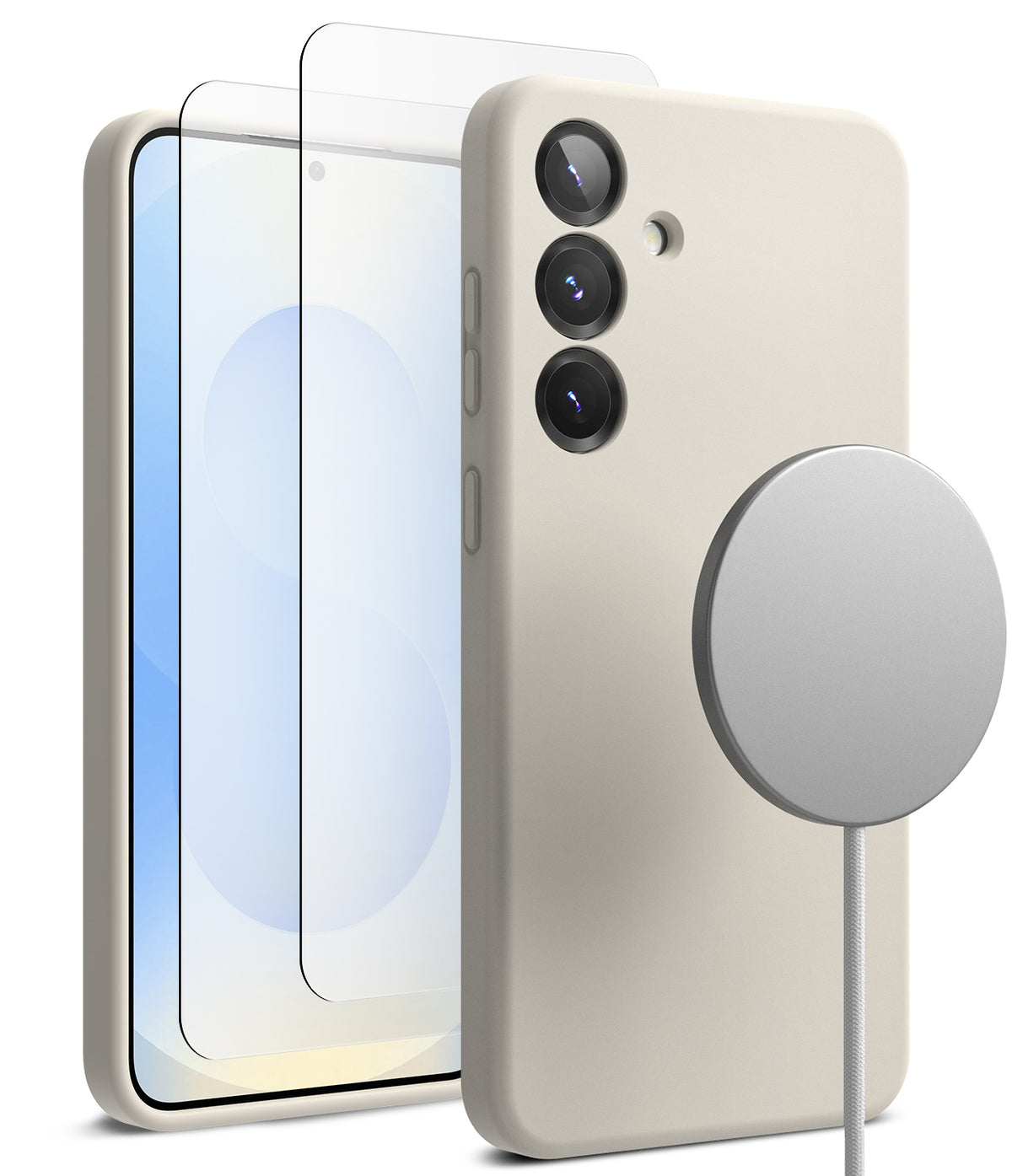 [Bundle] Galaxy S25 Plus | Silicone Magnetic - Sand-colored phone case, screen protector, and magnetic charger.