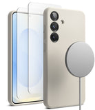 [Bundle] Galaxy S25 | Silicone Magnetic - Galaxy S25 | Silicone Magnetic - Sand-colored phone case, screen protector, and magnetic charger on a Galaxy S25.