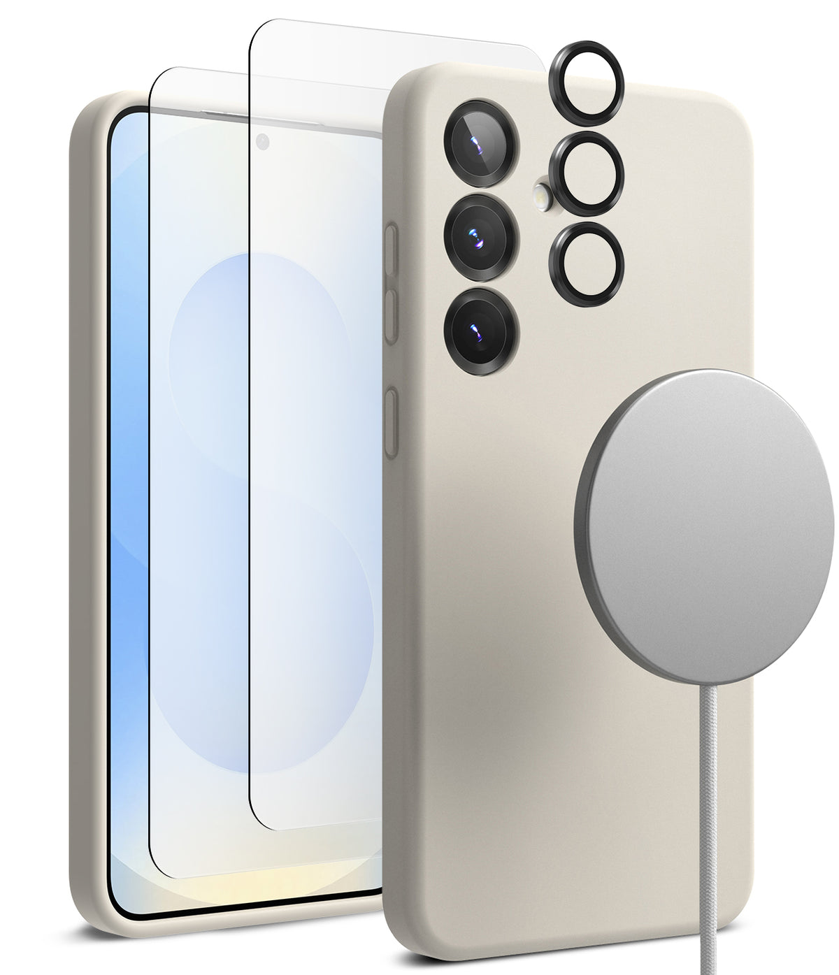 [Bundle] Galaxy S25 | Silicone Magnetic - Galaxy S25 | Silicone Magnetic - Beige phone case, screen protector, camera lens rings, and magnetic charger.