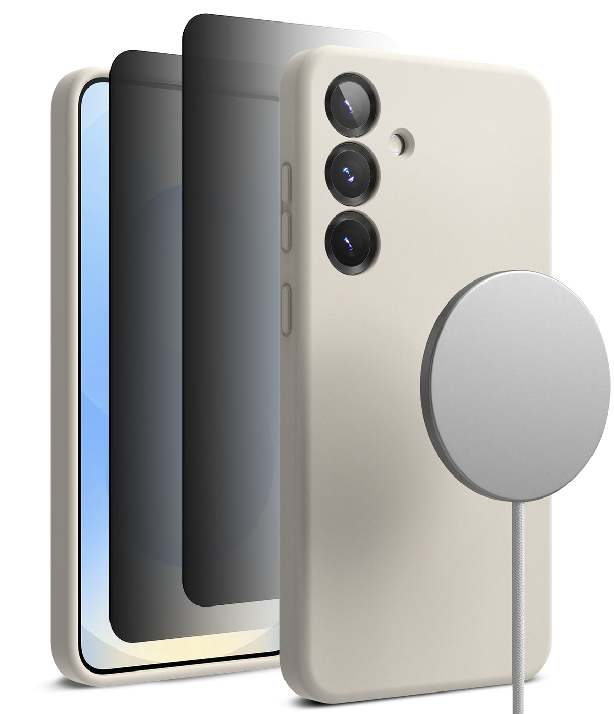 [Bundle] Galaxy S25 Plus | Silicone Magnetic - Beige silicone case on Galaxy S25 Plus with magnetic charger attached.