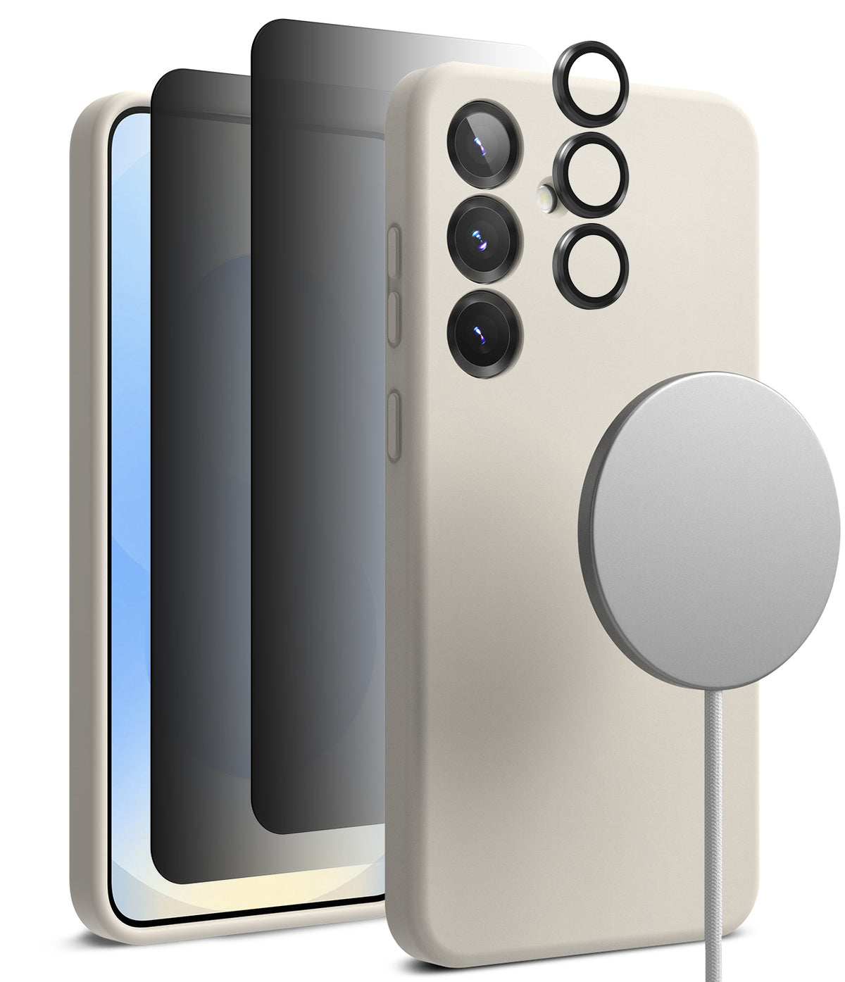 [Bundle] Galaxy S25 Plus | Silicone Magnetic - Beige phone case, screen protectors, camera rings, and magnetic charger.