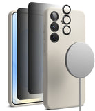 [Bundle] Galaxy S25 | Silicone Magnetic - Beige phone case, screen protectors, camera rings, and a magnetic charger.