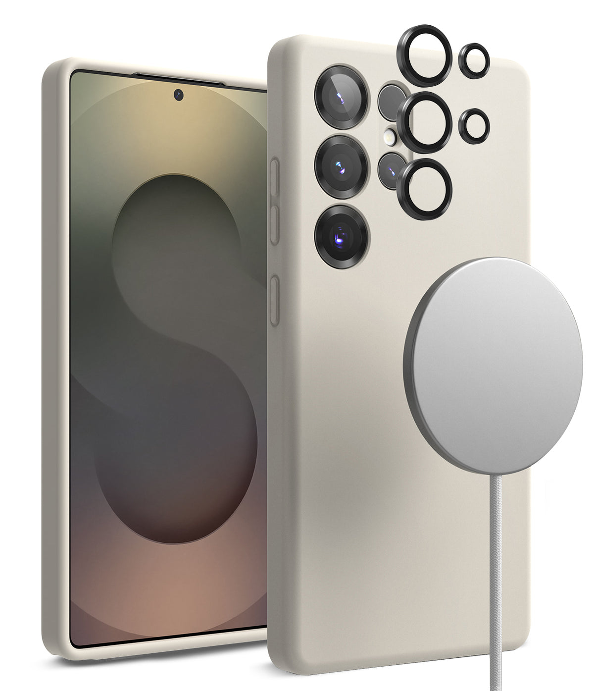 [Bundle] Galaxy S25 Ultra | Silicone Magnetic - Beige phone case with magnetic charger and lens protectors.