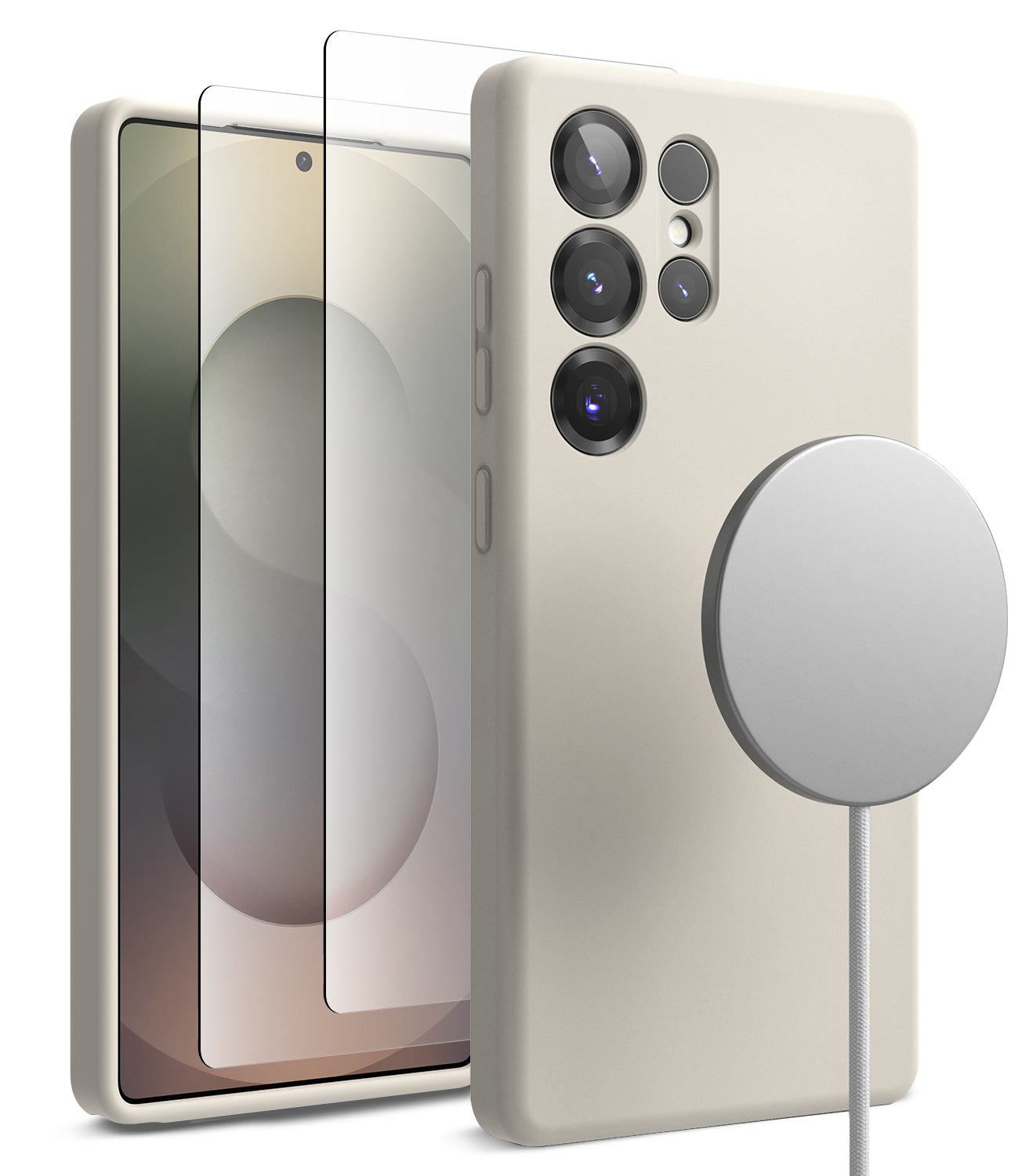 [Bundle] Galaxy S25 Ultra | Silicone Magnetic - Beige phone case with screen protector and magnetic charger.