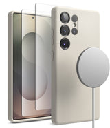 [Bundle] Galaxy S25 Ultra | Silicone Magnetic - Beige phone case with screen protector and magnetic charger.