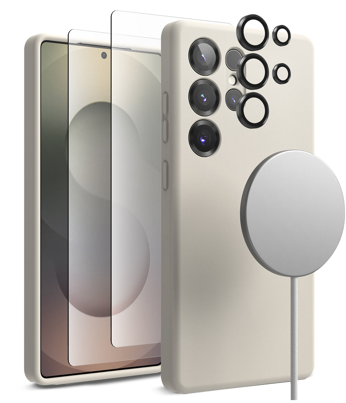 [Bundle] Galaxy S25 Ultra | Silicone Magnetic - Beige phone case, screen protector, lens rings, and magnetic charger.