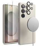 [Bundle] Galaxy S25 Ultra | Silicone Magnetic - Beige phone case, screen protector, lens rings, and magnetic charger.