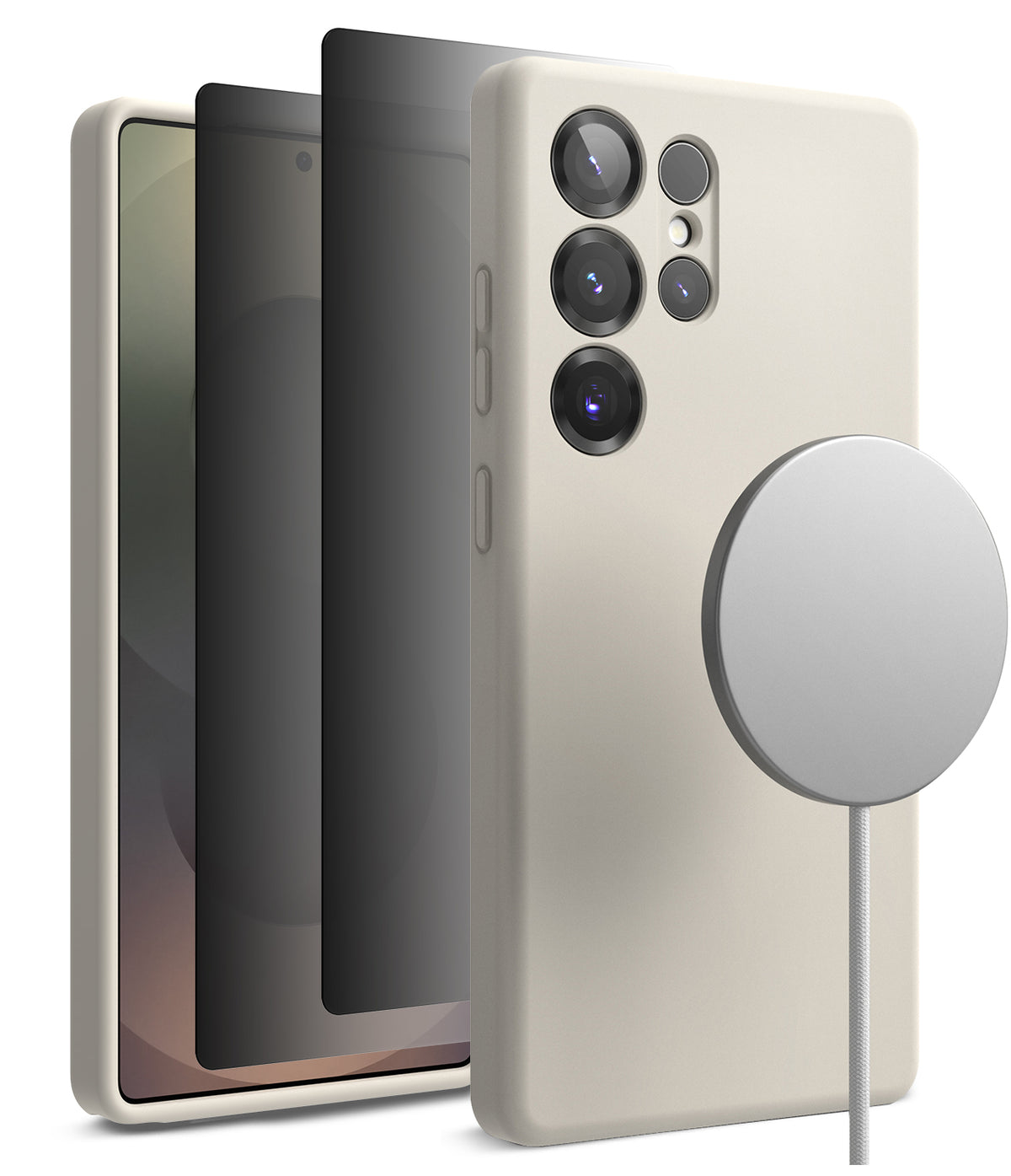 [Bundle] Galaxy S25 Ultra | Silicone Magnetic - Beige silicone phone case on a Galaxy S25 Ultra with a magnetic charger.