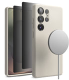 [Bundle] Galaxy S25 Ultra | Silicone Magnetic - Beige silicone phone case on a Galaxy S25 Ultra with a magnetic charger.