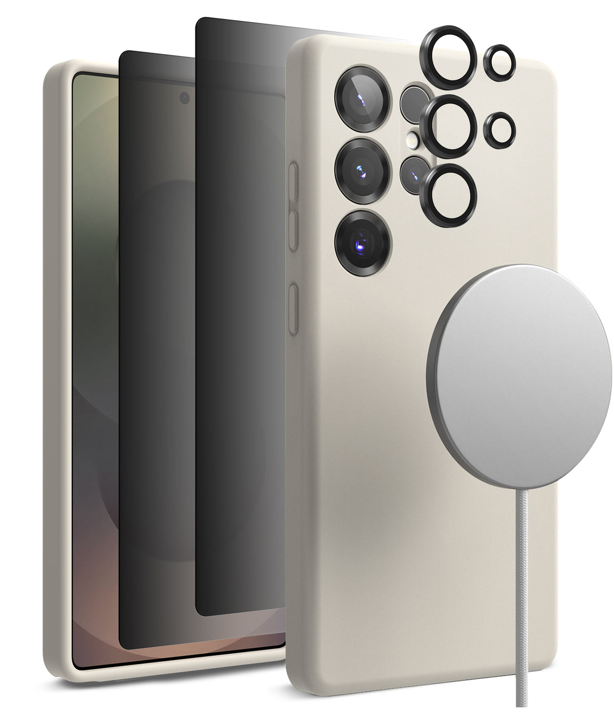 [Bundle] Galaxy S25 Ultra | Silicone Magnetic - Exploded view of phone case, screen protector, and lens rings with magnetic charger.