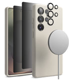 [Bundle] Galaxy S25 Ultra | Silicone Magnetic - Exploded view of phone case, screen protector, and lens rings with magnetic charger.