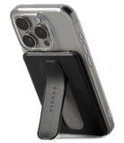 Card Holder | Slide Grip Wallet Magnetic - Black magnetic wallet with a built-in kickstand attached to a clear phone case.