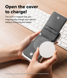 Card Holder | Slide Grip Wallet Magnetic - Hands holding a phone with an open magnetic wallet, applying a wireless charger.