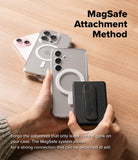 Card Holder | Slide Grip Wallet Magnetic - Hands attaching a black magnetic wallet to a clear phone case on a desk.