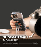 Card Holder | Slide Grip Wallet Magnetic - Hand holding a phone with a black magnetic wallet and finger grip attached.
