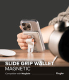 Card Holder | Slide Grip Wallet Magnetic - Hand holding a smartphone with a white magnetic slide grip wallet attached.