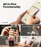 Card Holder | Slide Grip Wallet Magnetic - Collage showing wallet as card holder, phone grip, stand, and MagSafe accessory.