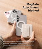 Card Holder | Slide Grip Wallet Magnetic - Hands attaching a beige magnetic card holder to a clear phone case.