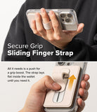 Card Holder | Slide Grip Wallet Magnetic - Hand holding a phone with a beige magnetic wallet featuring a sliding finger strap.