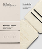 Card Holder | Slide Grip Wallet Magnetic - Close-up views of beige PU leather, suede lining, and Ringke branding.