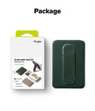 Card Holder | Slide Grip Wallet Magnetic - Dark green magnetic phone wallet with a slide-out grip next to its retail box.