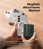 Card Holder | Slide Grip Wallet Magnetic - Hands attaching a green magnetic wallet to a clear phone case.