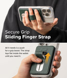 Card Holder | Slide Grip Wallet Magnetic - Hand holding a phone with a green magnetic wallet featuring a sliding finger strap.